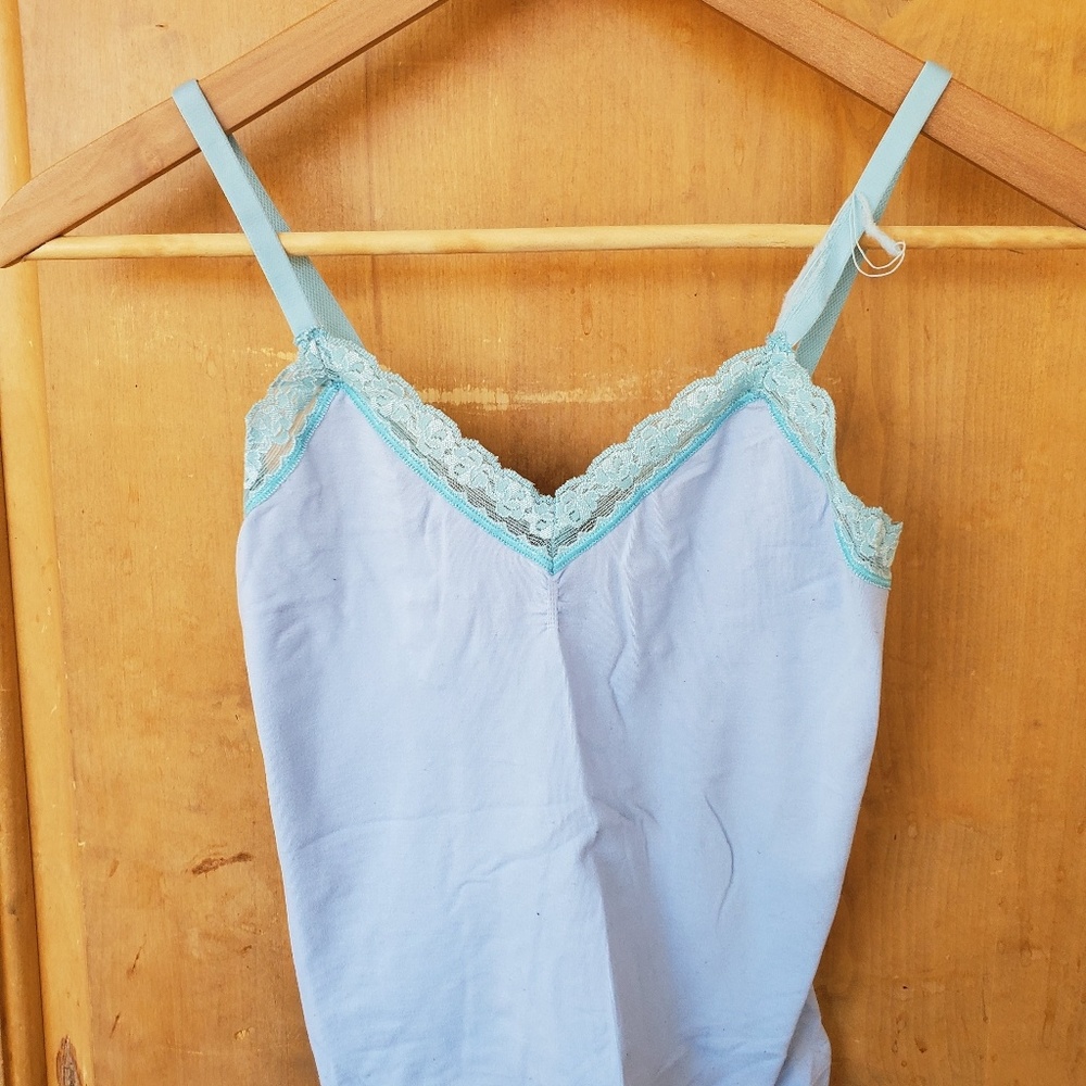 Baby blue tank with teal lace detail